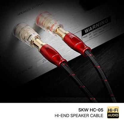 SKW Single Speaker Cable with Convertible Banana and Spade Plugs Entry Level HC Series Cable 16.4ft/5M (One Cable) | HC Series, 4N OFC, gold-plated convertible banana and spade plugs, screw-on swappable tips, cotton braided 12.8mm jacket - size: 16.4ft (5