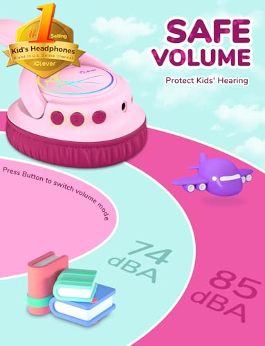 iClever BTH18 Kids Bluetooth Headphones LED Lights for Toddler Boys Girls | SafeSound Tech, 43H Playtime Stereo Sound, USB C Charging AUX Cable, Over Ear Kids Headphones Wireless for iPad/Tablet/Travel - color: A-Blossom Pink