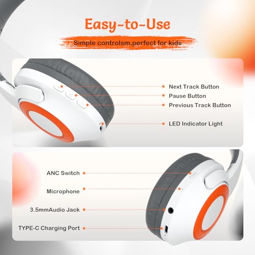 TONOSHARK Kids Bluetooth Headphones with ANC, Wireless Over-Ear Headset | for Boys and Girls, Foldable & Adjustable, Ideal for School, Travel and Online Learning (White) - color: White