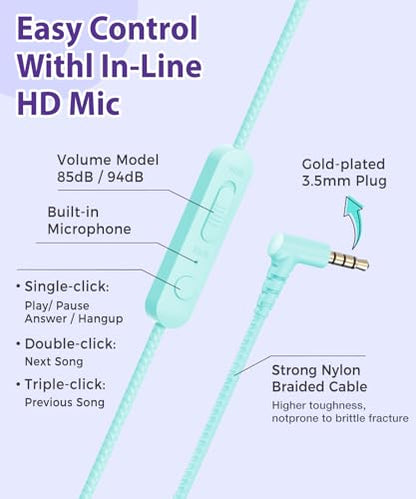 rockpapa 3.5mm Wired Headphones for Kids with Microphone, 85/94dB Limiter - color: Purple Teal
