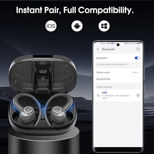 Wireless Sports Earbuds with Earhooks, 48H Deep Bass/ENC Mic Ear Bud Gray | Wireless Earphone with LED Display, Bluetooth 5.3 Headphones In Ear, IPX7 Waterproof Over Ear Buds for Running/Workout - color: Gray