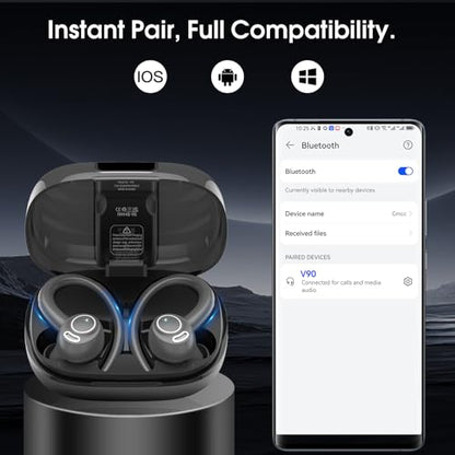 Wireless Sports Earbuds with Earhooks, 48H Deep Bass/ENC Mic Ear Bud Gray | Wireless Earphone with LED Display, Bluetooth 5.3 Headphones In Ear, IPX7 Waterproof Over Ear Buds for Running/Workout - color: Gray