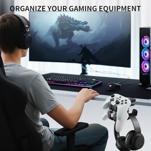 Premium Headset Stand & Gaming Headphone & Controller Holder - 360° Adjustable Under Desk Hook with Cable Management, Black - Perfect Desk & PC Accessories
