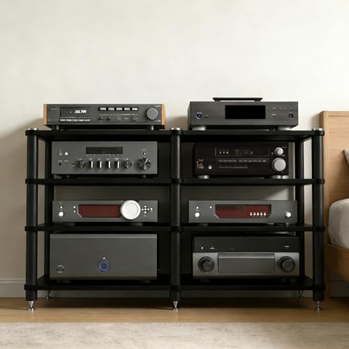 4-Tier Heavy Duty AV Media Stand, Multi-Functional Audio Rack with Vibration-Absorbing Spikes, Heat Dissipation av Stand, Anti-Shake Stereo Racks and Stands for Home, Office, Theater (Black, 4-Tier) - size: 4-Tier