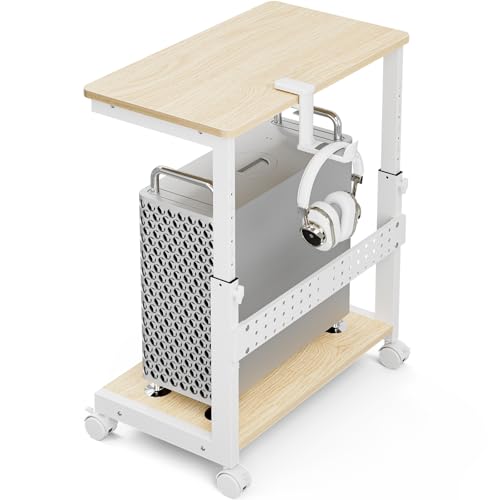 Height Adjustable Computer Tower Stand, 2-Tier ATX-Case CPU Holder with Mouse Pad & Headphone Stand, Mobile PC Standing Under Desk, Home Office Gaming Accessories, Computer Cart Wheels, Maple - color: Maple