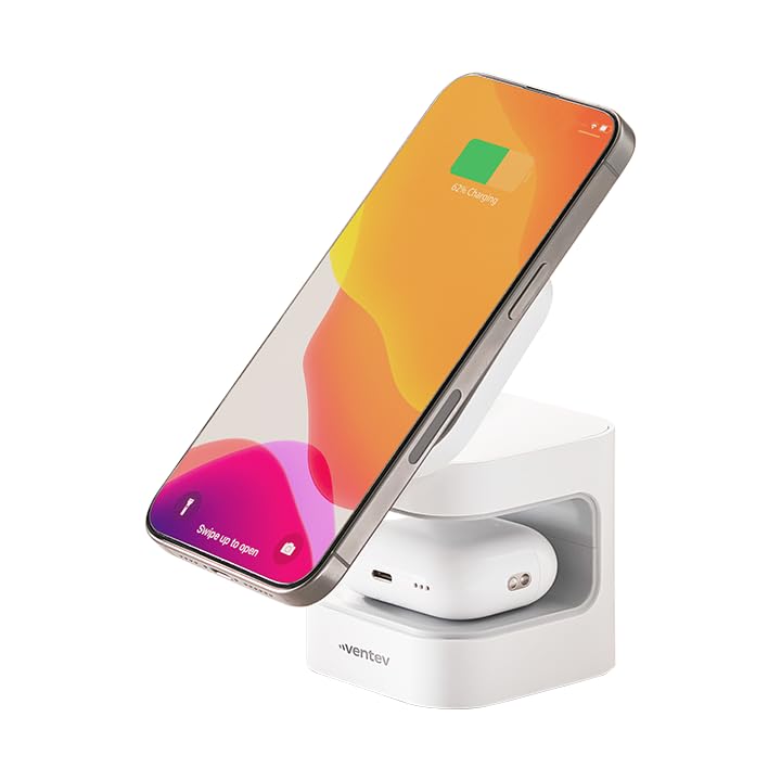 Ventev – 15W Qi2 MagSafe Wireless Charger Stand, 2-in-1 Charging Station for iPhone 16/16 Pro, 15/14/13, AirPods Pro | Fast Wireless Charger with Adjustable Stand, 5W Earbuds Pad, 30W Adapter – White