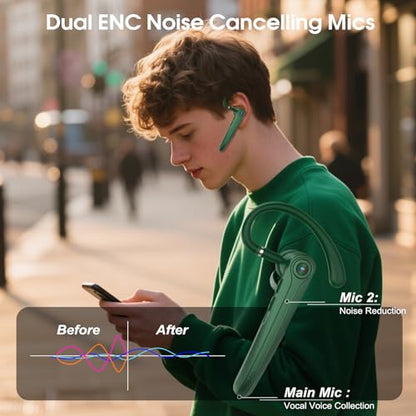 Bluetooth Headset, Wireless Bluetooth Earpiece with ENC Noise Canceling Mic, 120Hrs Talk Single-Ear Headphones, LED Display, IPX7, V5.4 Hand-Free Earphone for Business/Trucker/Driver (Dark Green)