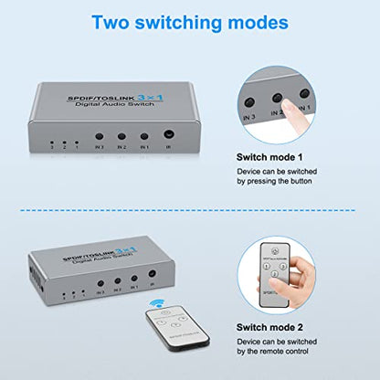 3 Port Digital Toslink Optical Fiber Audio Switch Splitter 3X1 (3 in 1 Out),3 Port Spdif Toslink Optical Switch for TV PS5 PS4 PS3 Xbox Blue-Ray DVD HDTV with Optical Cable