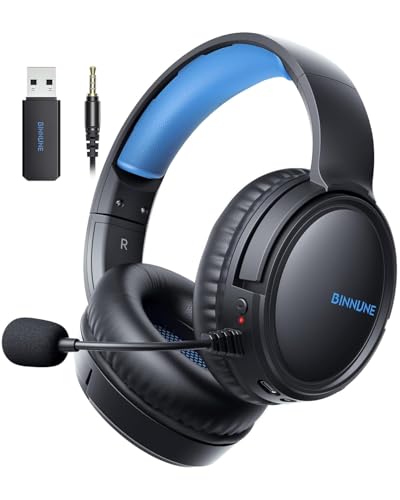 BINNUNE Wireless Gaming Headset — 2.4GHz Low-Latency USB Dongle + Bluetooth, 50mm Drivers 7.1 Surround, Noise-Cancelling Mic, 40H Battery — Over Ear Wireless Headphones for PS5, PC, Laptop, Blue - color: Blue