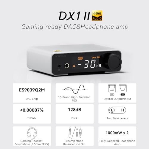 AOSHIDA Topping DX1 II Gaming DAC Headphone Amplifier, ES9039Q2M XU-316 DAC, 1000mW x2 DAC Amp with 10-Band PEQ, Optical I/O, 3.5mm & 4.4mm Balanced Output Headphone Amps for PC/PS5/Switch, Silver