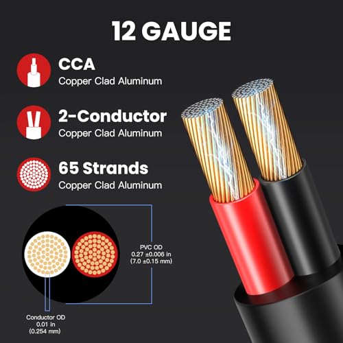 12 Gauge Outdoor Speaker Wire 50ft CL3 Direct Burial CCA Cable | CL2 Rated, 2 Conductor Stranded Core, UV and Weather Resistant, No Conduit Needed Underground, Garden Patio Pool Audio - size: 50FT, style: 12GAUGE