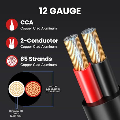 12 Gauge Outdoor Speaker Wire 200ft CL3 Direct Burial CCA Cable | CL2 Rated, 2 Conductor Stranded Core, UV and Weather Resistant, No Conduit Needed Underground, Garden Patio Pool Audio - size: 200FT, style: 12GAUGE