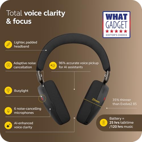 Jabra Evolve3 85 Over‑Ear Wireless Bluetooth Headphones with Mic, Black - color: Black, style: All Platforms
