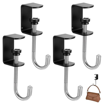 cobee Clamp-On Under Desk Hooks, Desk Mount Hanging Bag Holder Metal Hook | Adjustable Headphones Clamp Organizer Portable Purse Hanger Clip Reduce Clutter Table Desk Under Counter (4 Pcs, Black) - color: 4 Pcs, Black