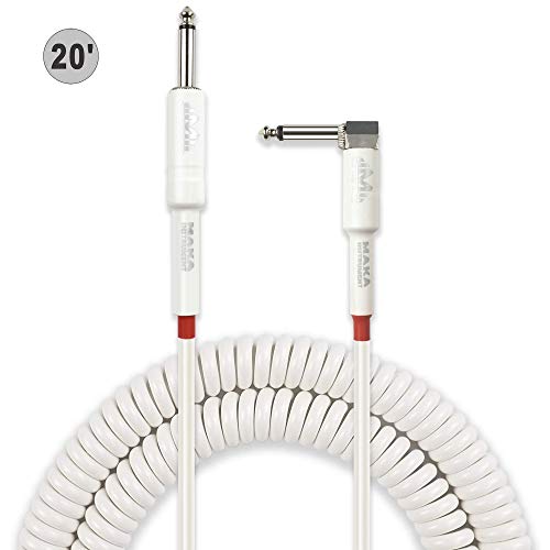 Premium Guitar Coil Cable 20 Feet, Instrument Coiled Curly Cord for Guitar Bass, 1/4 inch Right Angle to Straight, White … - size: 20' (White)
