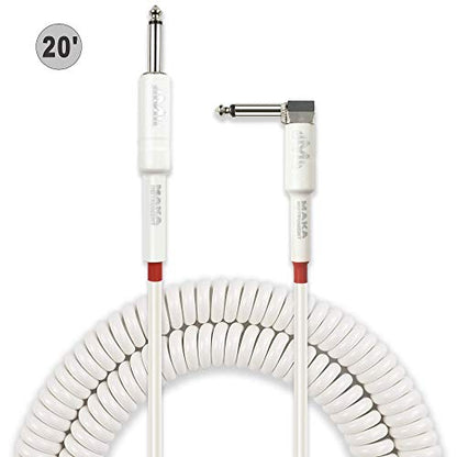 Premium Guitar Coil Cable 20 Feet, Instrument Coiled Curly Cord for Guitar Bass, 1/4 inch Right Angle to Straight, White … - size: 20' (White)