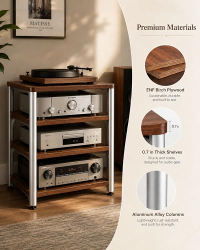 4-Tier HiFi Audio Rack, Adjustable AV Stand for Stereo Equipment | 110 lbs Per Shelf Open Cooling Design Metal Support Columns Rubber Feet Fits Amplifier, Receiver, Turntable & CD Player - size: 4-tier