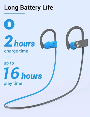 Bluetooth 5.3 Headphones, Wireless Sports In-Ear Earbuds IPX7 Waterproof | 16 Hours Playtime, Sweatproof Stereo Earphones with MIC, Noise Cancelling Headsets for Gym Running Workout, Clear Sound - color: Blue