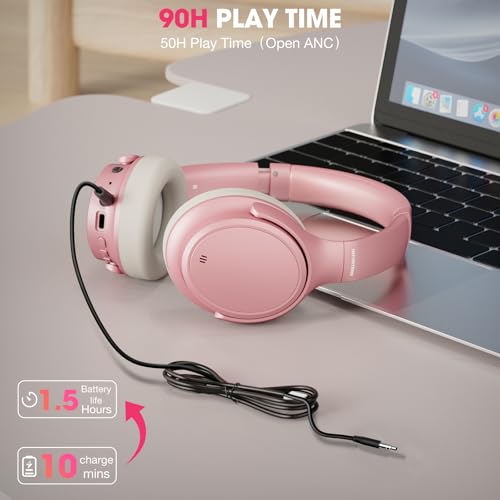 INFURTURE H1 Plus Doubly Fed Hybrid Active Noise Cancelling Headphones with EQ Mode，Wireless Over Ear Bluetooth Headphones with 4 Microphone, 90H Playtime,Lightweight for Home Travel Office(Pink) - color: Pink