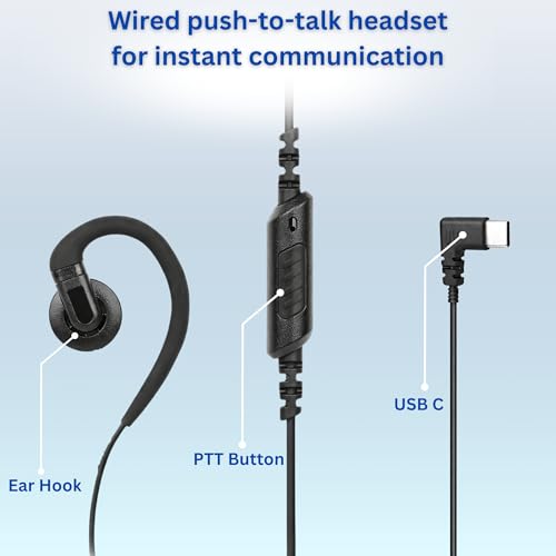 USB C Push-to-Talk Headset, C-Shape Earpiece with Inline PTT Mic & Removable Eartip – Compatible with MS Teams & Zello Walkie Talkie App – VP PTT S27