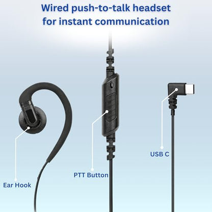 USB C Push-to-Talk Headset, C-Shape Earpiece with Inline PTT Mic & Removable Eartip – Compatible with MS Teams & Zello Walkie Talkie App – VP PTT S27