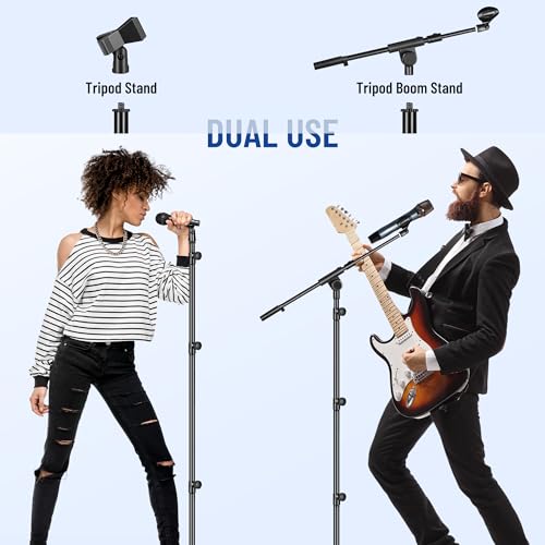 CAHAYA Mic Stand Floor Adjustable - Tripod Boom Arm Microphone Stand with Carrying Bag 2 Mic Clips 3/8" to 5/8" Adapter for Singing Podcast Compatible with Blue Yeti Shure SM58 SM48 Fifine K669B - color: Black, style: Standard Version