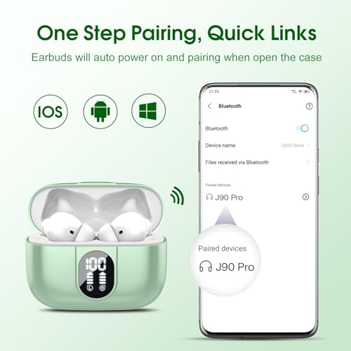 Wireless Earbuds, 2025 Bluetooth Headphones 5.3 HiFi Stereo Earphones, 40H Playtime in-Ear Earbud, Bluetooth Earbud with LED Power Display, IP7 Waterproof Earphones Sport Headset for Android iOS - color: Green