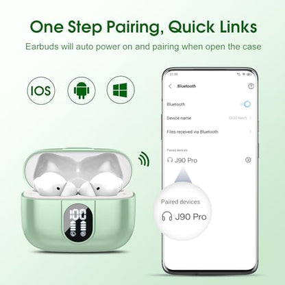 Wireless Earbuds, 2025 Bluetooth Headphones 5.3 HiFi Stereo Earphones, 40H Playtime in-Ear Earbud, Bluetooth Earbud with LED Power Display, IP7 Waterproof Earphones Sport Headset for Android iOS - color: Green