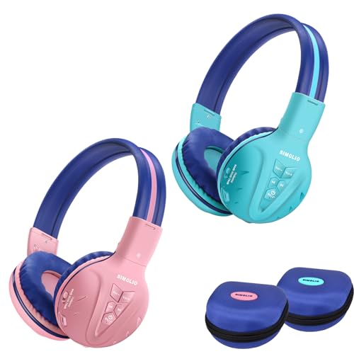 SIMOLIO 2 Pack Kids Bluetooth Headphones with Share Port, Foldable w/Case | 75/85/94dB Volume Limit with Microphone for Toddler Teens, 30H Playtime, Bluetooth 6.0 for School Airplane iPad PC Travel - color: Mint & Pink