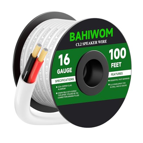 White Speaker Wire 16 Gauge 100FT CL2 Rated CCA Speaker Cable | Flexible PVC Jacket 2 Conductors Red & Black Polarity Mark for Home Theater,Indoor,In-Wall,In-Ceiling & Marine - size: 100 FT, style: 16GAUGE