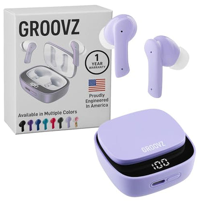 Groovz True Wireless Earbuds with Charging Case - Designed and Engineered in The USA - IPx4 Water Resistant Bluetooth Earbuds Compatible with Apple and Android - 27Hrs Battery Life - Lavender - color: Lavendar