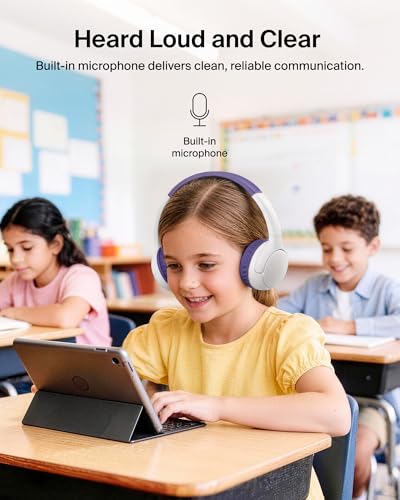 Belkin SoundForm Mini 2 Bluetooth Kids Headphones, On Ear, 55H Battery Life | Toddler headphones, 85dB Volume Limit, Built-in Mic, Wired Connection Option, iPad, Android Tablet, School, Travel - color: Purple