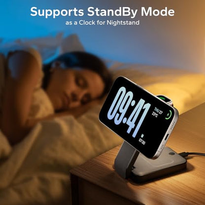Eazpower 3 in 1 Foldable Wireless Charging Station for MagSafe, Nightstand Magnetic Charger Stand for iPhone 17 16 15 14 Pro Max, Travel Charging Dock with Night Light for Apple Watch/AirPods (Black) - color: Black