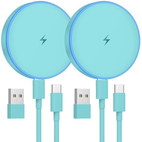 MagSafe Charger 2 Pack 15W Magnetic Wireless Charger Fast Charging Pad Compatible with iPhone 17/16/15/14/13/12 Series & AirPods 4/3/2/Pro Magnetic MagSafe Charging Pad with Dual Ports-Light Green | Two USB-C cables and two USB-A adapters, compatible with