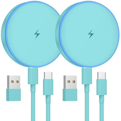 MagSafe Charger 2 Pack 15W Magnetic Wireless Charger Fast Charging Pad Compatible with iPhone 17/16/15/14/13/12 Series & AirPods 4/3/2/Pro Magnetic MagSafe Charging Pad with Dual Ports-Light Green | Two USB-C cables and two USB-A adapters, compatible with