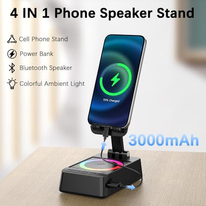 Gifts for Men Women, Cell Phone Stand with Wireless Bluetooth Speaker, 4 in 1 Bluetooth Speaker, for Men Women Teens, LED Lights 360° Phone Holder Compatible with Phones iPad - color: Jet Black