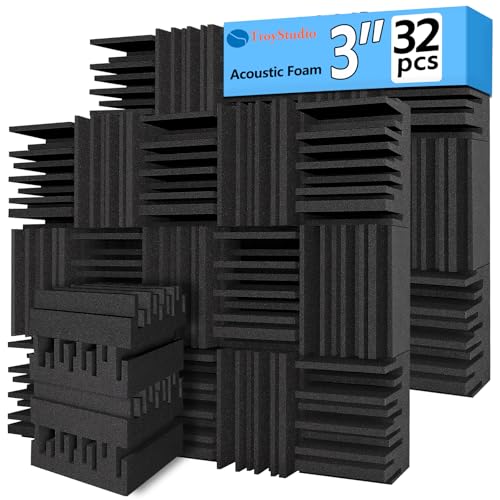 TroyStudio Thick Acoustic Foam Panels, 12 X 12 X 3 Inch 32 Pcs Broadband Sound Absorbing Foam, Dense Soundproof Padding Tile, Recording Studio Foam Absorber, Groove Decorative 3D Wall Ceiling Panel - size: 32 pcs