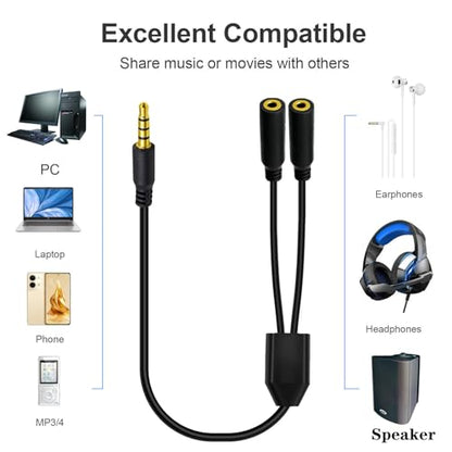 3.5mm Headphone Y Splitter Audio Cable (50cm) | 4Poles 1 to 2 Way 3.5mm (1/8") TRRS AUX Stereo Jack 1 Male to 2 Female Adapter Cord for Earphone,Headset,Laptop,Phone (2 Way) - style: 2 Way
