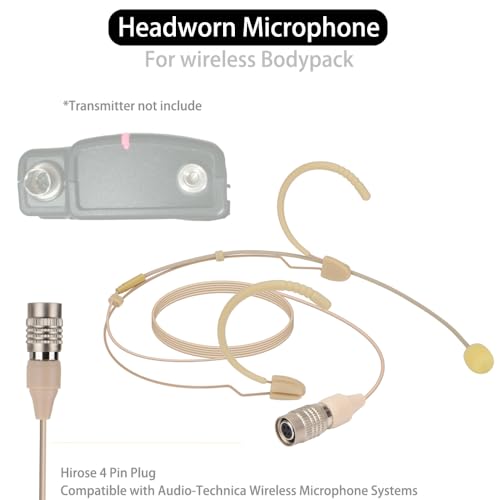 YXG Headworn Earset Over Ear Hanging Mic Beige Low Profile Light-Weight Microphone Compatible with Audio-Technica Wireless System Bodypack Transmitter, with Hirose 4 Pin Plug