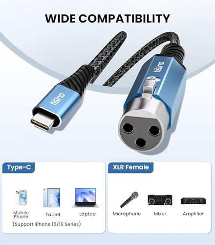 Tisino Female XLR to USB C Recording Microphone Cable, 32bit/384KHz, 6.6FT | USB C to XLR Female Studio Cable for Dynamic Microphones, XLR Mic Cord for Laptop Tablet Smartphone, OFC Shielded - size: 2 m