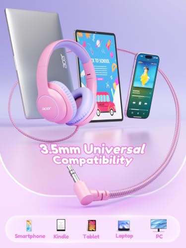 Acer OHW328 Kids Headphones Wired for School - Over Ear Design | 85/94dB Safe Volume, 3.5mm Jack Foldable Headphones for Kids Boys Girls Classroom Yoto Player Chromebook Travel PinkPurple - color: Pink Purple