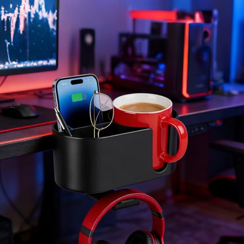 4 in 1 Desk Cup Holder, Clamp On Drink Holder with Headphone Hanger | Anti-Spill Clip on Desk Organizer for Pen Phone Mug, Gaming Office Desk Accessories fits Most Desks - color: Black-2 with Headphone Hanger