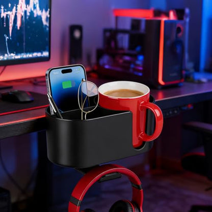 4 in 1 Desk Cup Holder, Clamp On Drink Holder with Headphone Hanger | Anti-Spill Clip on Desk Organizer for Pen Phone Mug, Gaming Office Desk Accessories fits Most Desks - color: Black-2 with Headphone Hanger