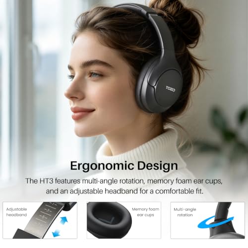 TOZO HT3 Hybrid Noise Cancelling Wireless Headphones, 90H Over Ear Headset | Hi Res Audio, AI Voice Assistant, Dual Device Connection, 32 Custom EQs, Built In 5 Mics, ANC, Foldable, Bluetooth 6.0 - color: Gray