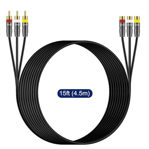 J&D RCA Cable, Heavy Duty 3 RCA Male to Female AV Extension Cable, Copper Shell, Audio Video Components Compatible with Set-Top Box, Speaker, Amplifier, DVD Player, 15 Feet - size: 15 Feet