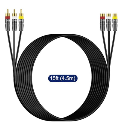 J&D RCA Cable, Heavy Duty 3 RCA Male to Female AV Extension Cable, Copper Shell, Audio Video Components Compatible with Set-Top Box, Speaker, Amplifier, DVD Player, 15 Feet - size: 15 Feet