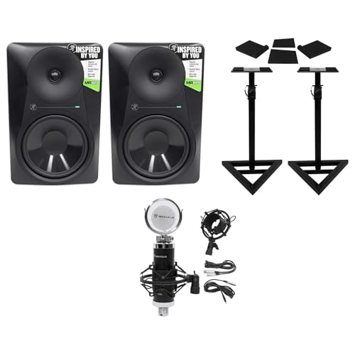 Audiosavings Bundle: (2) MR824 8 170W Powered Studio Monitors Bundle with (2) Rockville Adjustable Studio Stands + (2) Foam Pads, 10.35" x 13" + Condenser Mic w/Metal Shock Mount (7 Items)