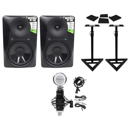 Audiosavings Bundle: (2) MR824 8 170W Powered Studio Monitors Bundle with (2) Rockville Adjustable Studio Stands + (2) Foam Pads, 10.35" x 13" + Condenser Mic w/Metal Shock Mount (7 Items)