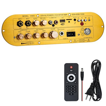 D900 2.1 Channel Bluetooth Receiver Amplifier 50W×2 + 100W Subwoofer, Hi-Res Audio Class D Amp with USB/AUX/USB Input, Bass Treble Control for Home Theater DIY Speakers