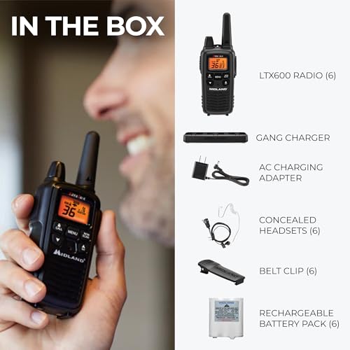 Midland LXT600BBX6 FRS Business Walkie Talkies, Black, 6 Pack | Long Range 36-Channel Two-Way Radios with Headsets and Charging Base, NOAA Weather Alerts - style: 6-Pack, Black